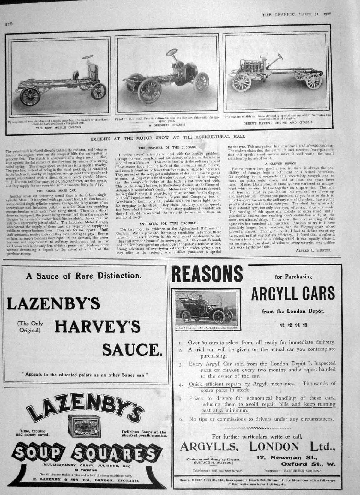 Old Antique Print 1906 Motor Car Show Agricultural Hall Chassis Lazenby 20th