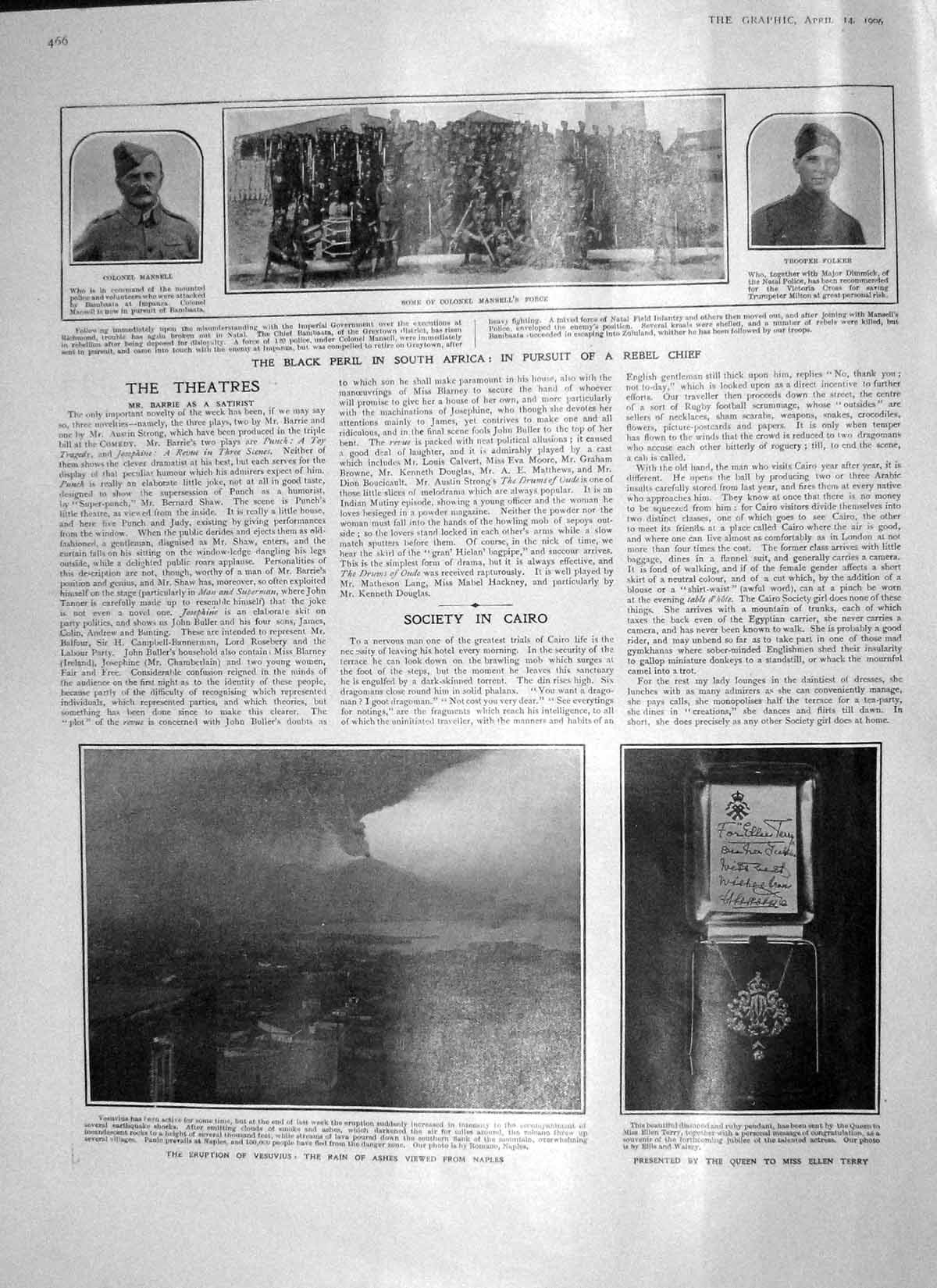 Original Old Antique Print 1906 Africa Rebel Folker Mansell Vesuvius Ter 20th