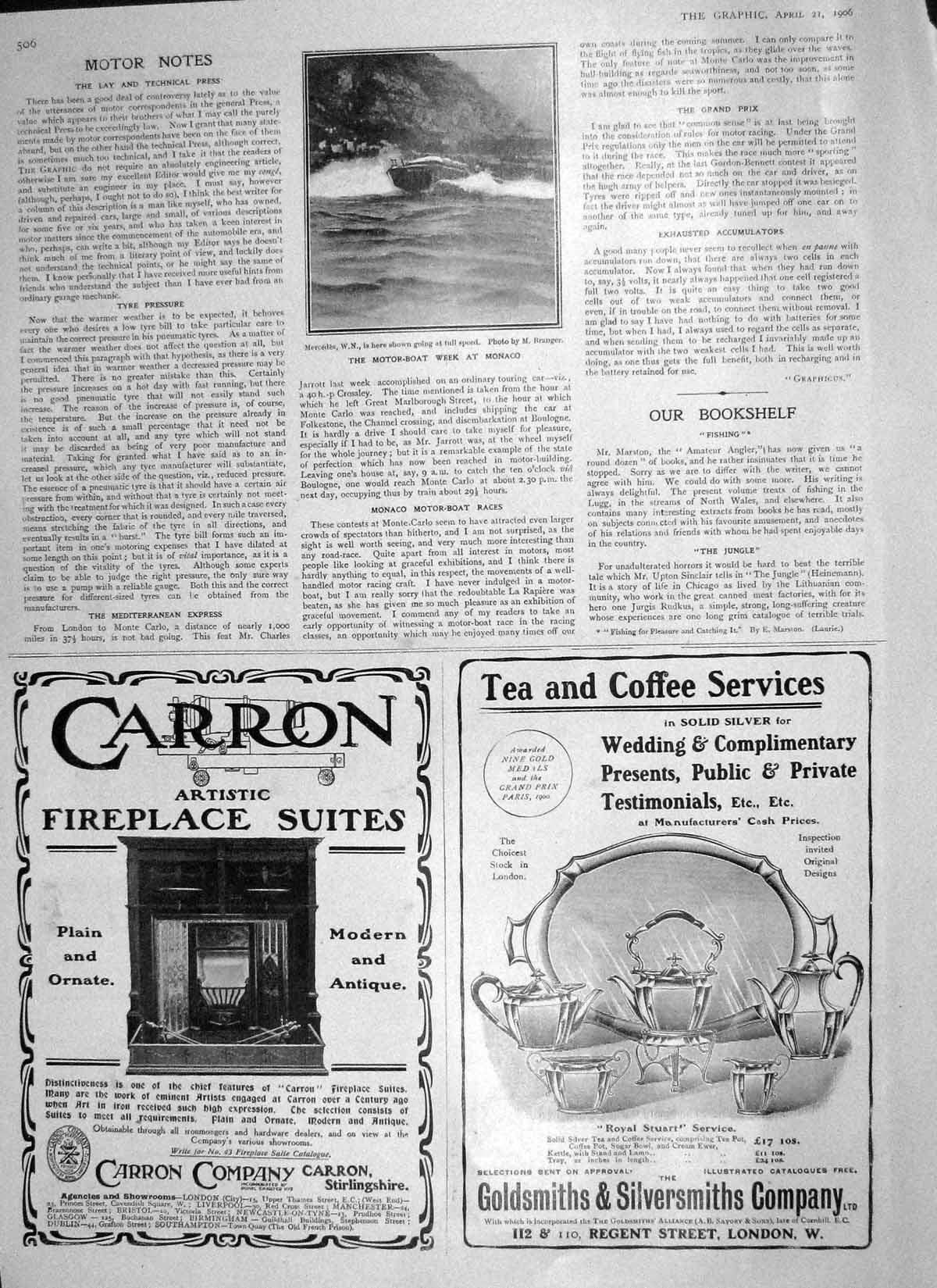 Original Old Antique Print 1906 Motor Boat Race Monaco Mercedes Carron Company