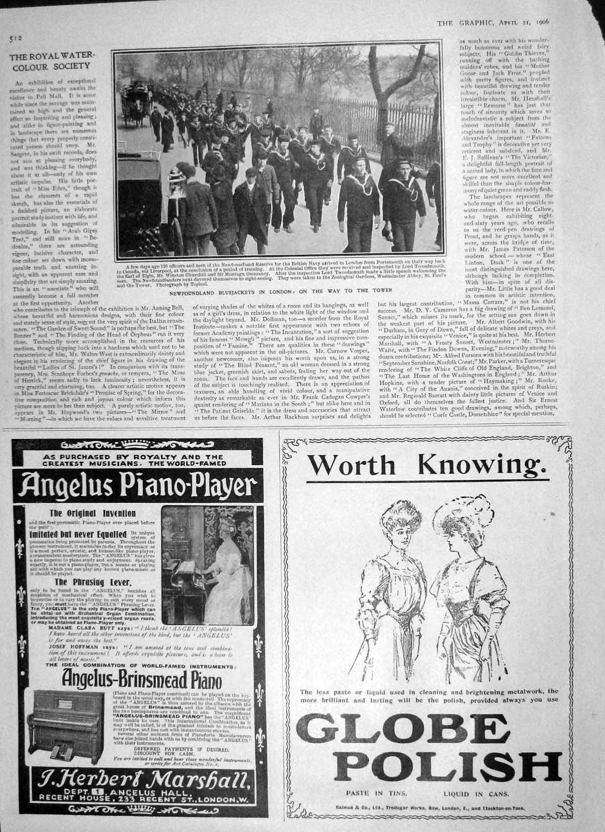 Old Antique Print 1906 Newfoundland Bluejackets London Globe Polish Piano 20th