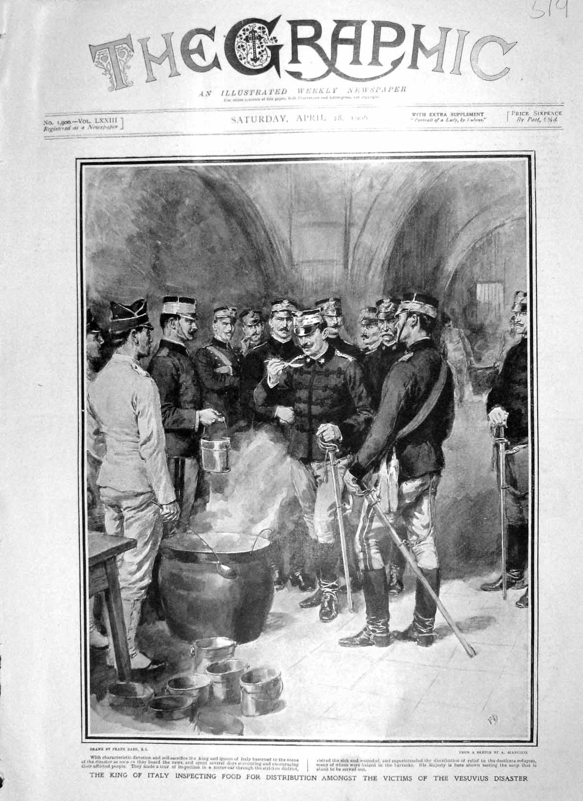 Original Old Antique Print 1906 King Italy Inspecting Food Vesuvius Disaster