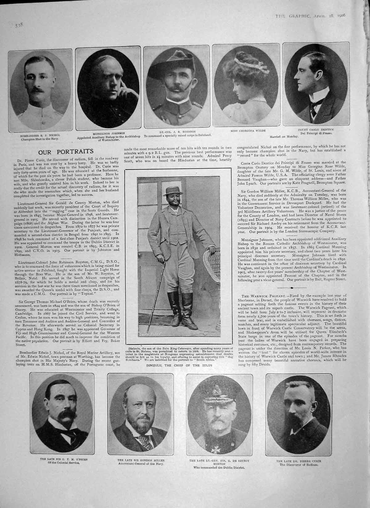 Original Old Antique Print 1906 Dinizulu Chief Zulus Morton O'Brien Curie Wilde