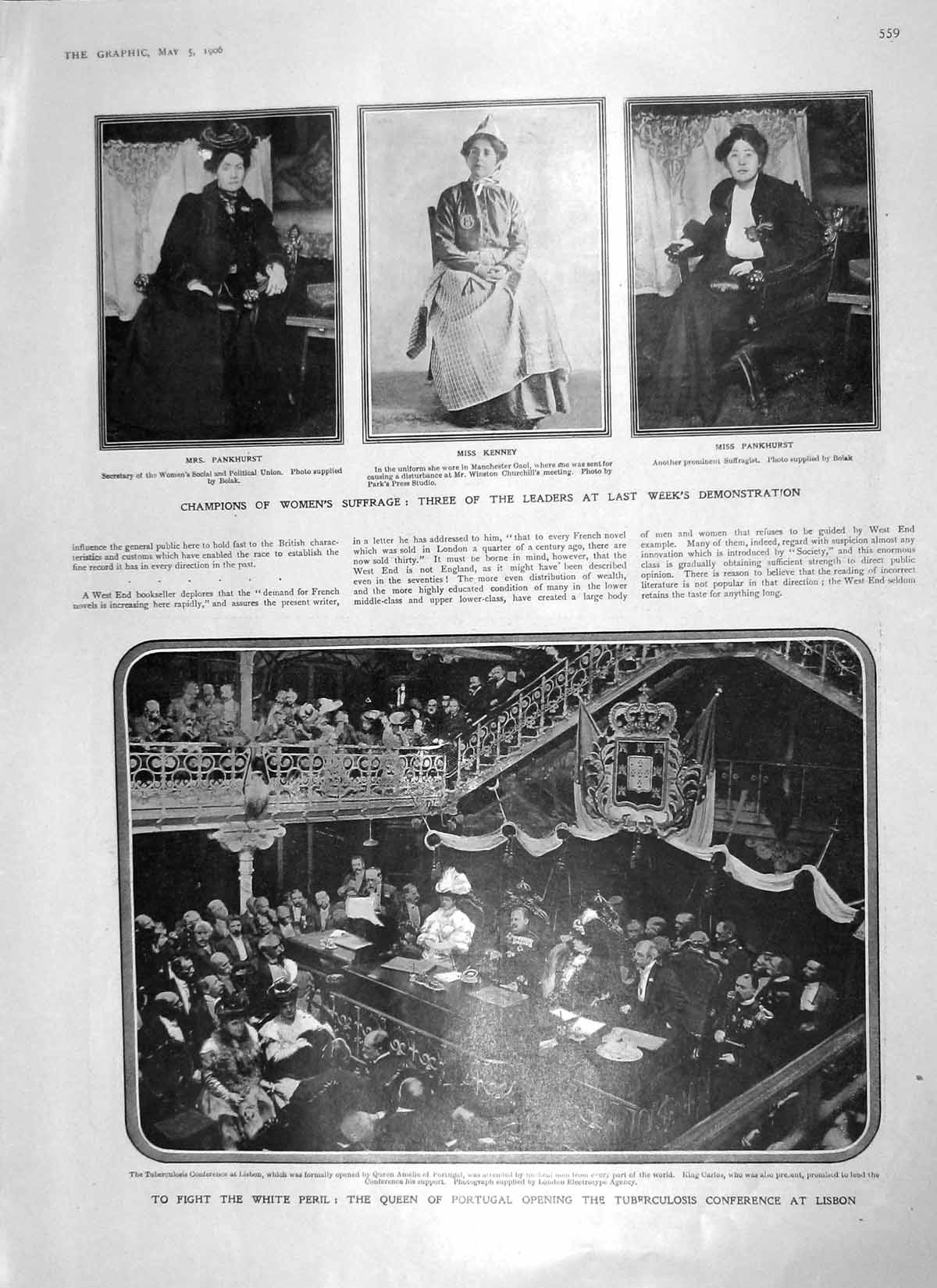 Old Antique Print 1906 Queen Portugal Kenney Pankhurst Suffrage Marshall 20th