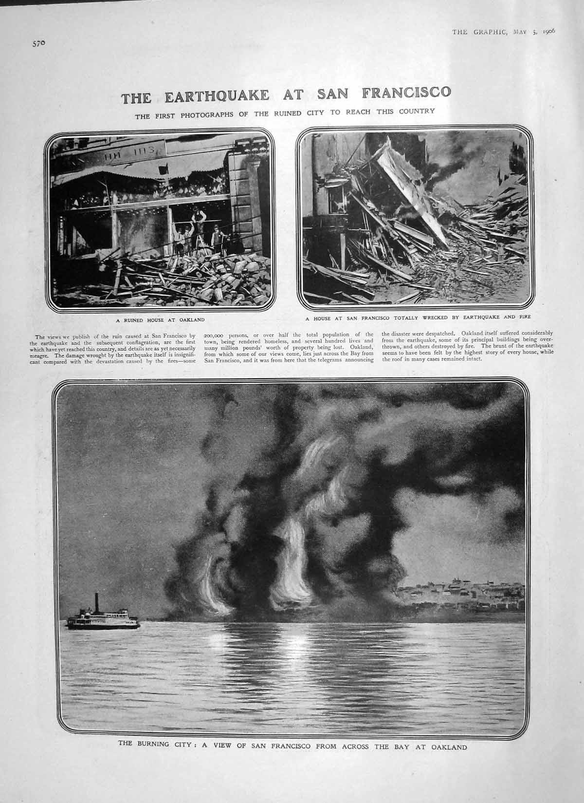 Old Antique Print 1906 Earthquake San Francisco Bay Oakland Chapel Fire 20th