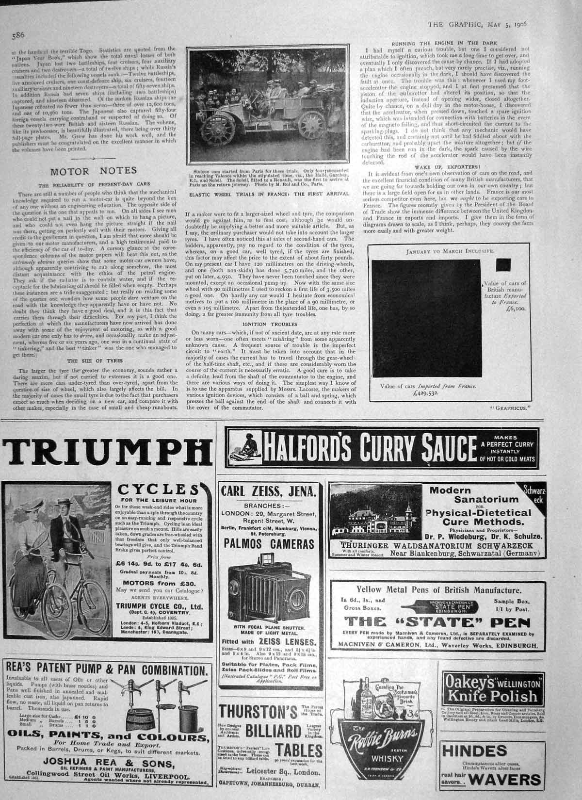 Original Old Antique Print 1906 Motor Car Elastic Wheel Trials France Halfords