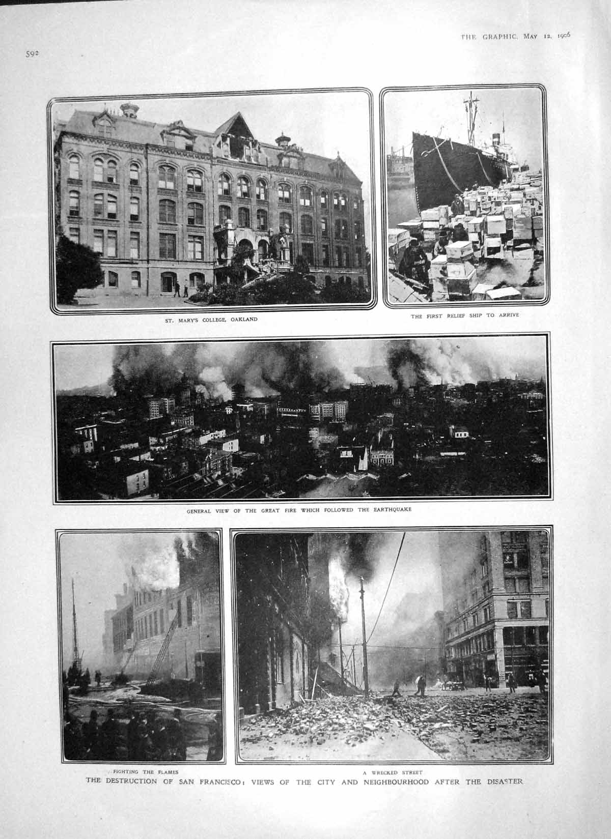Original Old Antique Print 1906 San Francisco Earthquake Gen Gate Park Fire