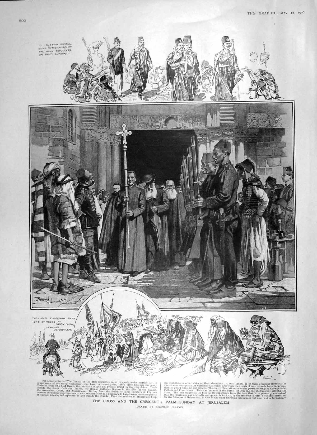 Old Antique Print 1906 Palm Sunday Jerusalem Bourne Fowler Court Horses 20th
