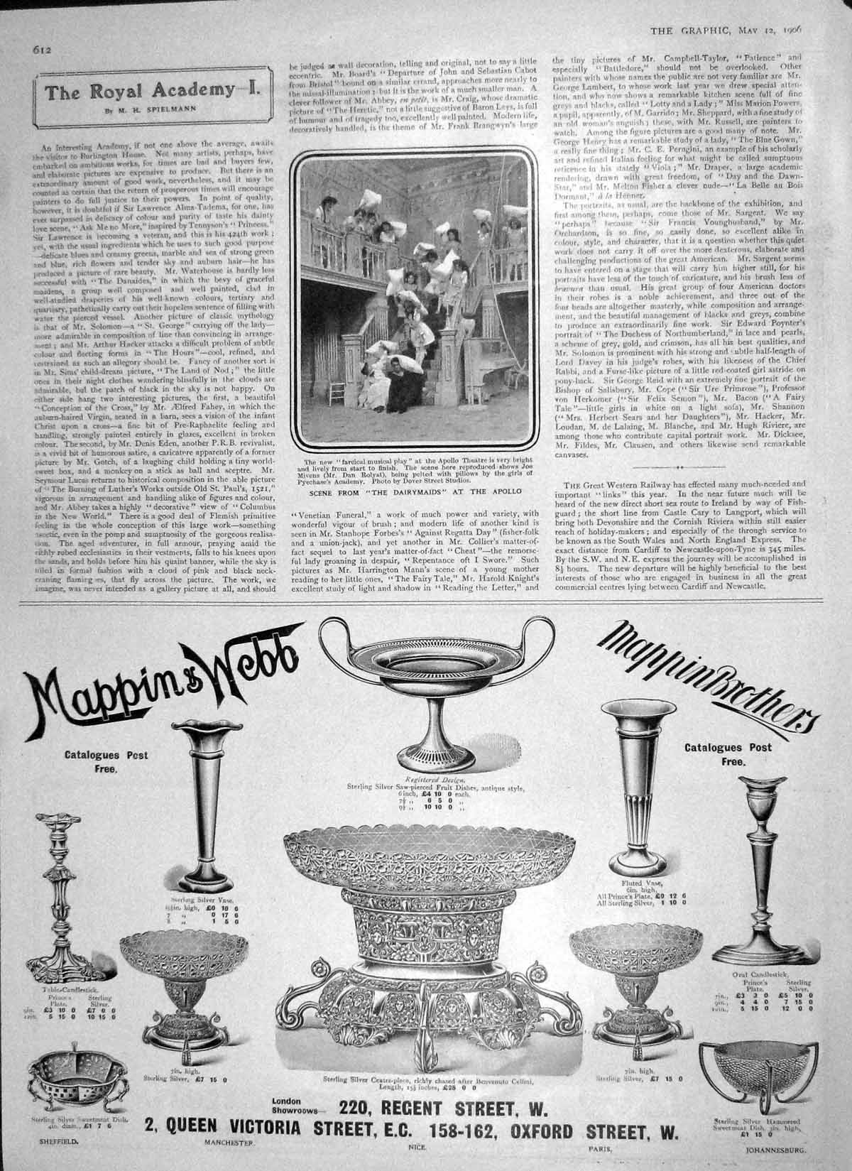 Original Old Antique Print 1906 Dairymaids Apollo Theatre Rolyat Mappin Webb