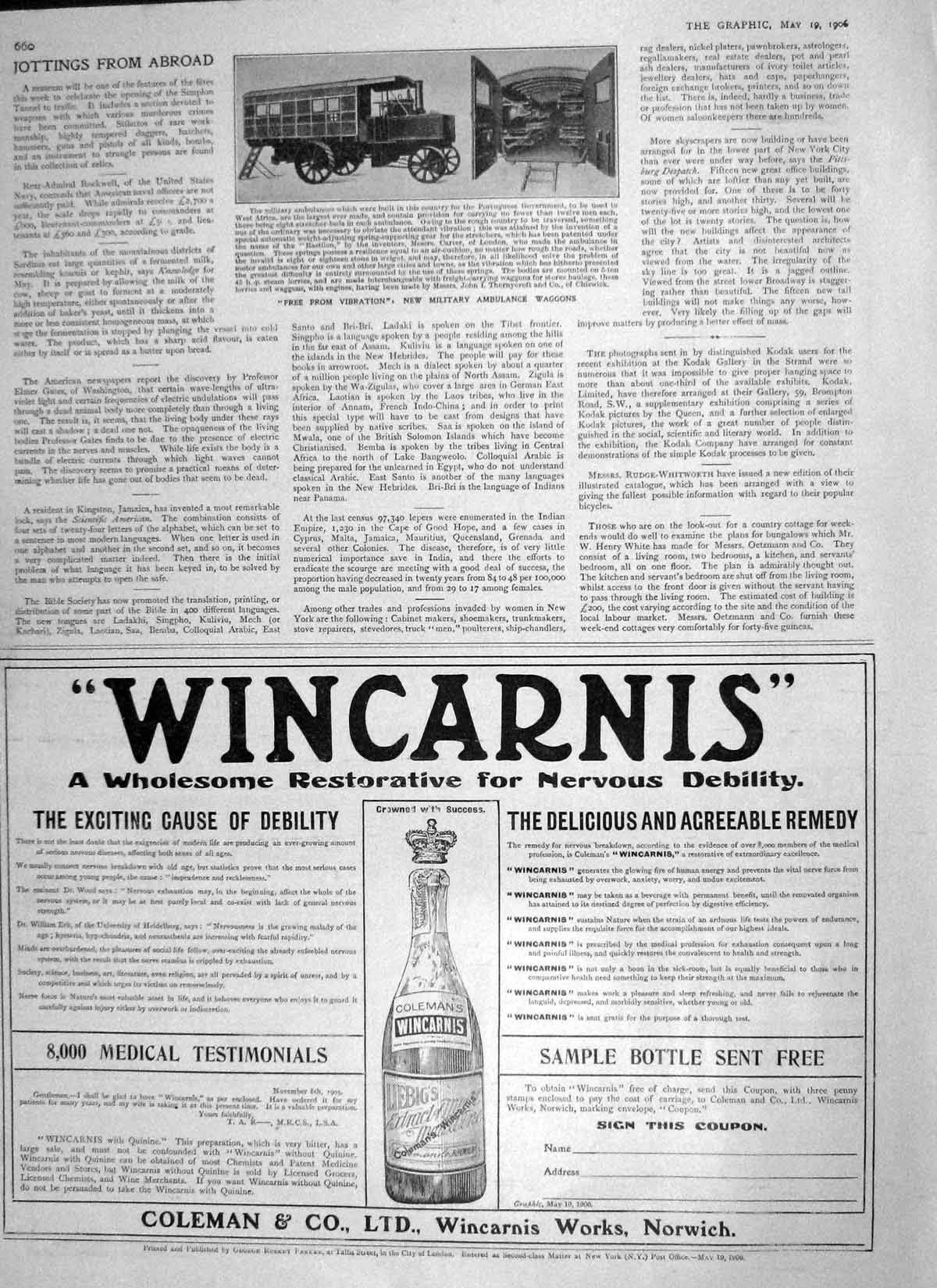 Original Old Antique Print 1906 Military Ambulance Waggons Wincarnis Coleman