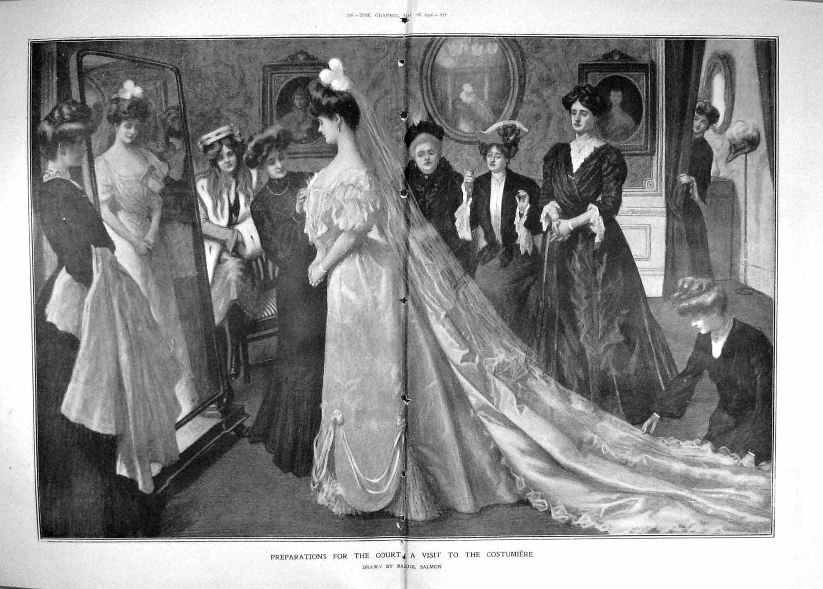 Antique Old Print 1906 Ladies Preparations Court Costumiere Fashion Dress 20th