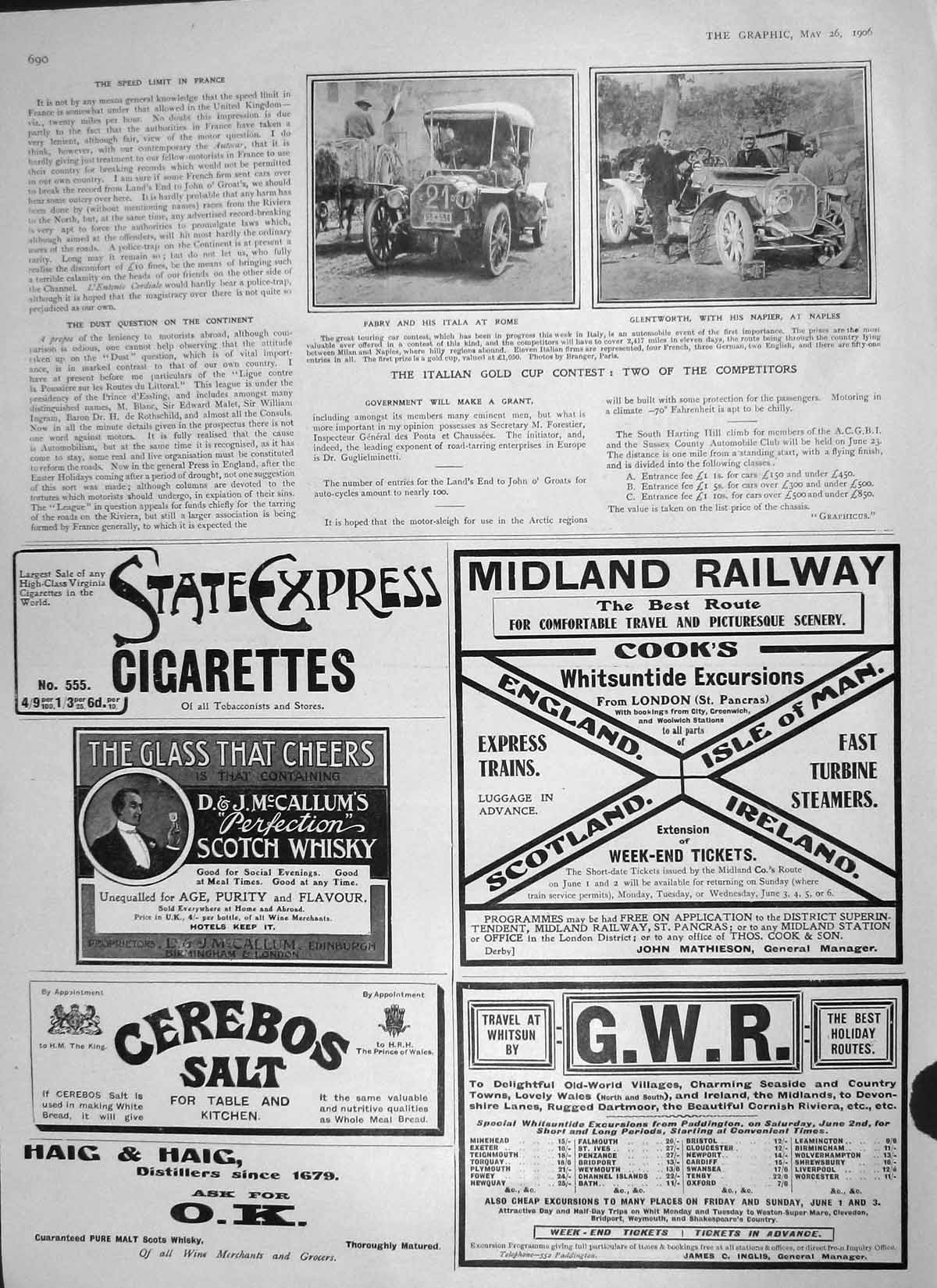 Original Old Antique Print 1906 Italy GCup Contest Fabry Glentworth Cigarettes