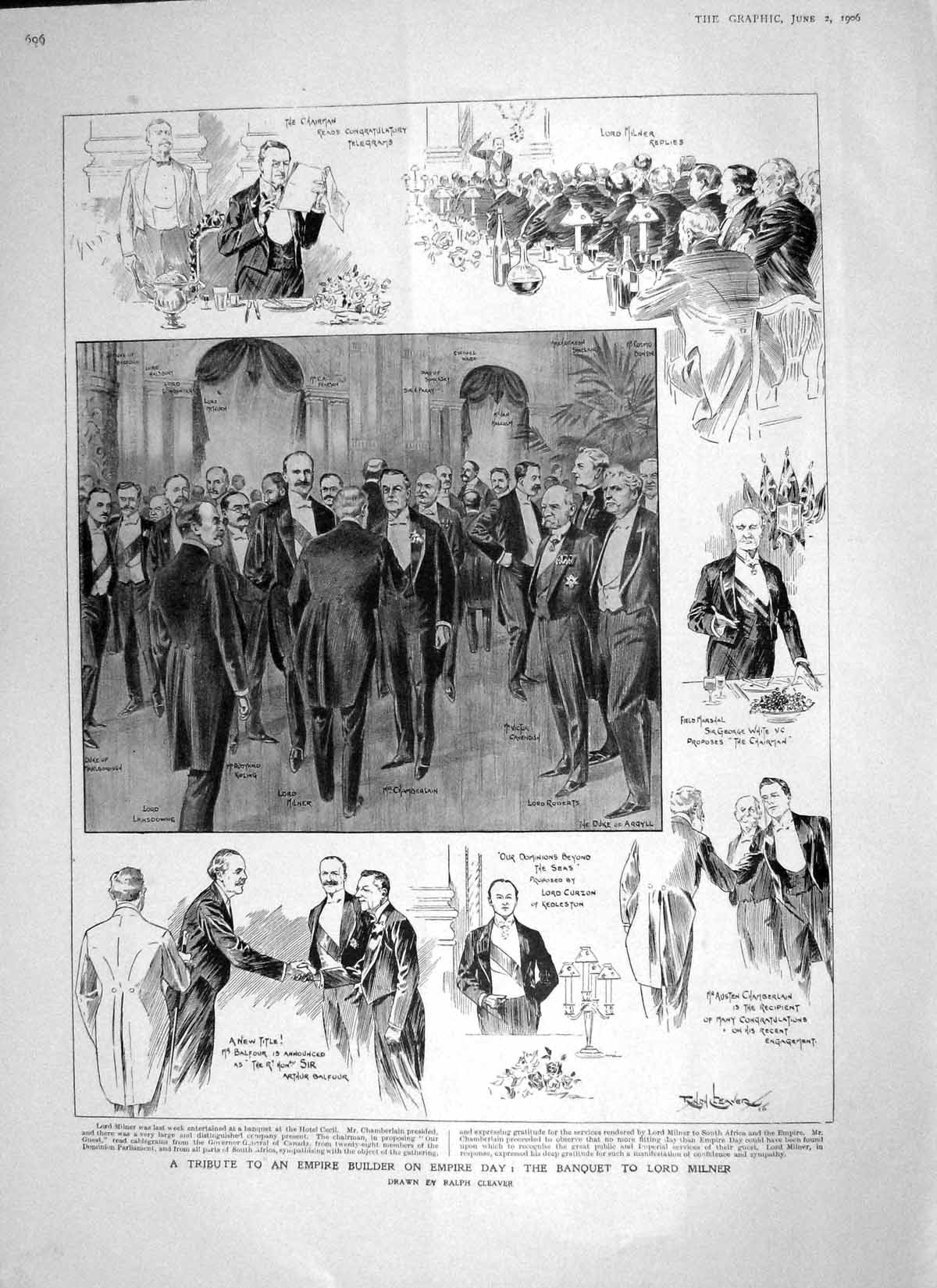 Old Antique Print 1906 Empire Day Banquet Lord Milner Balfour Cavendish 20th