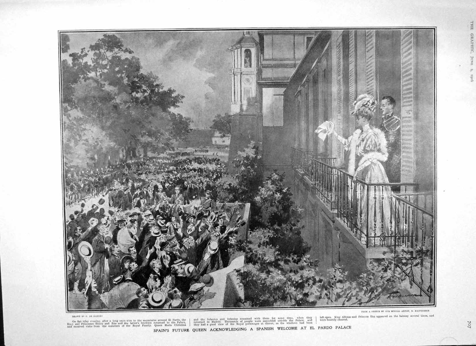 Original Old Antique Print 1906 Spain Queen El Pardo Palace Lady Hamilton Paris
