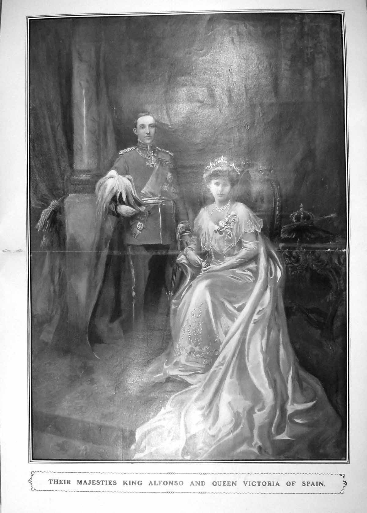 Antique Old Print 1906 Portrait Majesty King Alfonso Queen Victoria Spain 20th