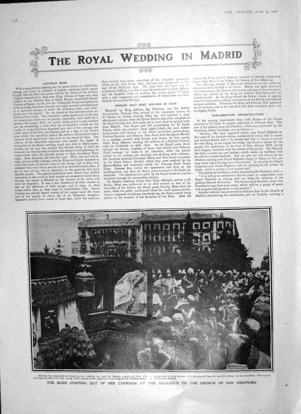 Old Antique Print 1906 Royal Wedding Madrid Princess Ena Church Geronimo 20th