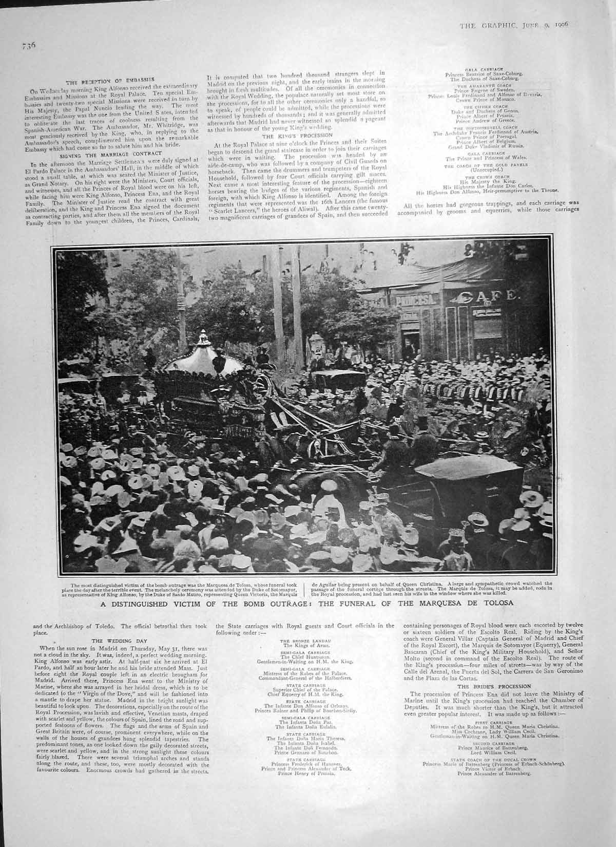 Original Old Antique Print 1906 Spain Bomb Funeral Marquesa Tolosa Calle Mayor