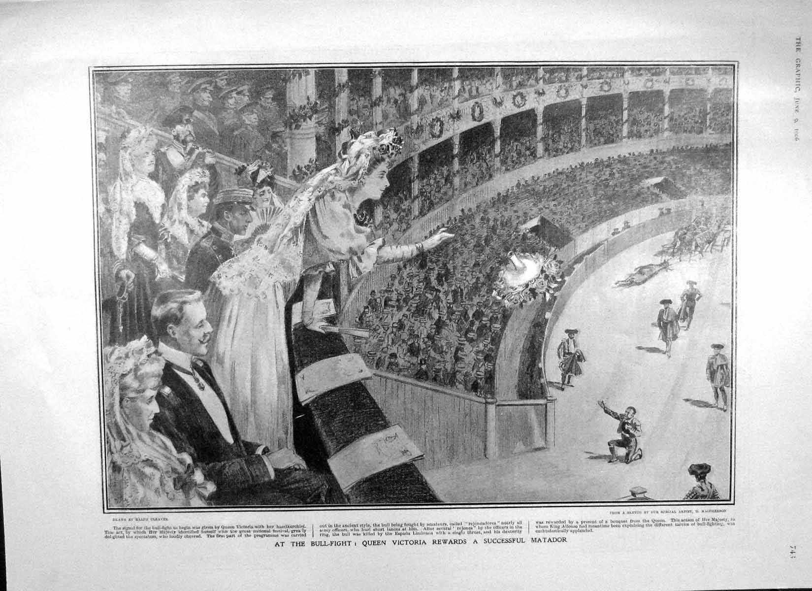Original Old Antique Print 1906 Bull-Fight Queen Victoria Matador Madrid Ma 20th