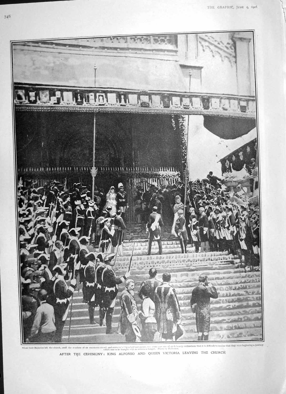 Original Old Antique Print 1906 King Alfonso Queen Victoria Church Princess Ena