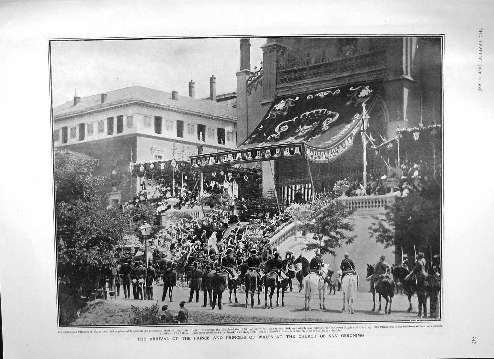 Original Old Antique Print 1906 Prince Wales Church San Geronimo Princess Ena