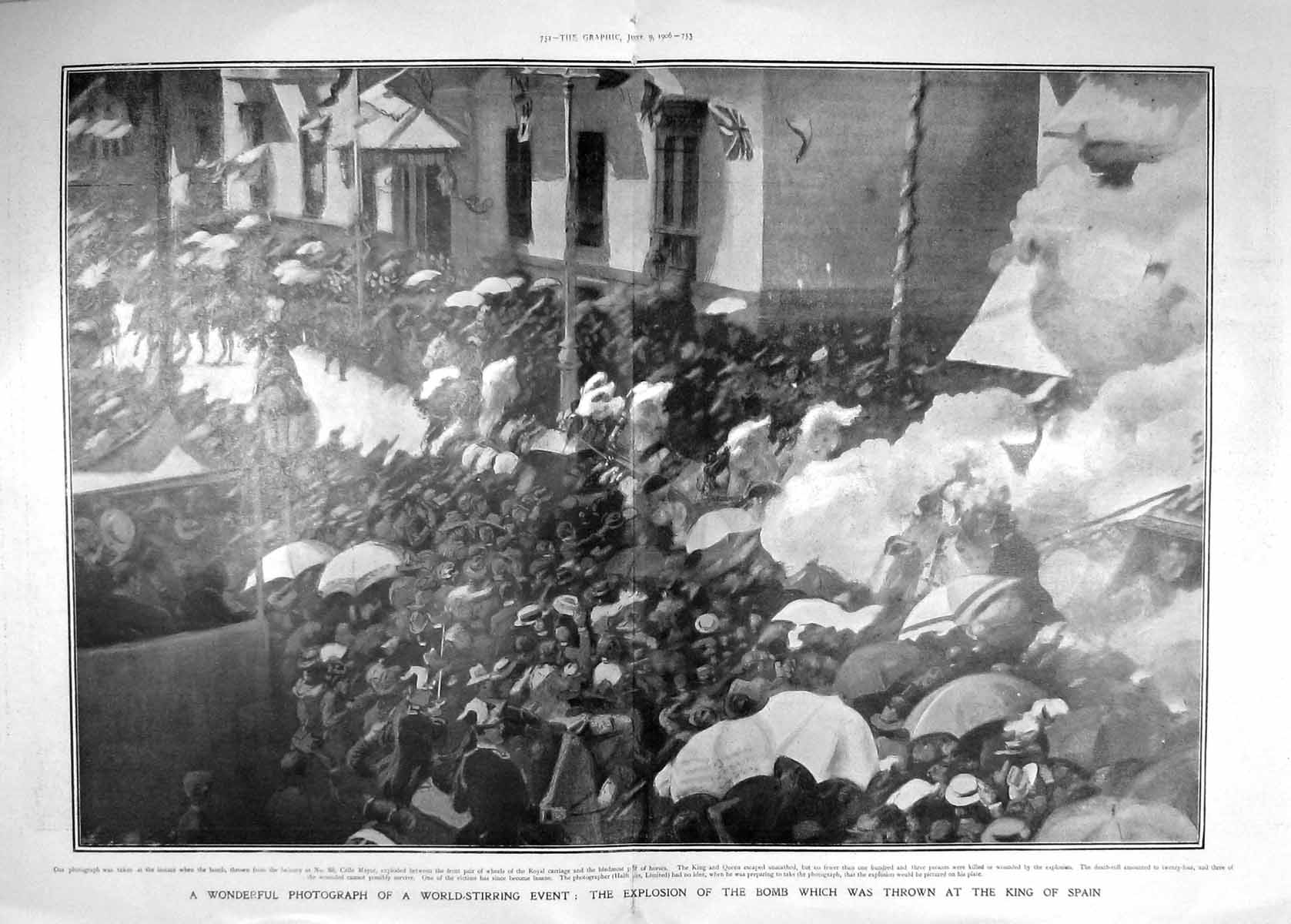 Original Old Antique Print 1906 Explosion Bomb King Spain Calle Mayor Carriage