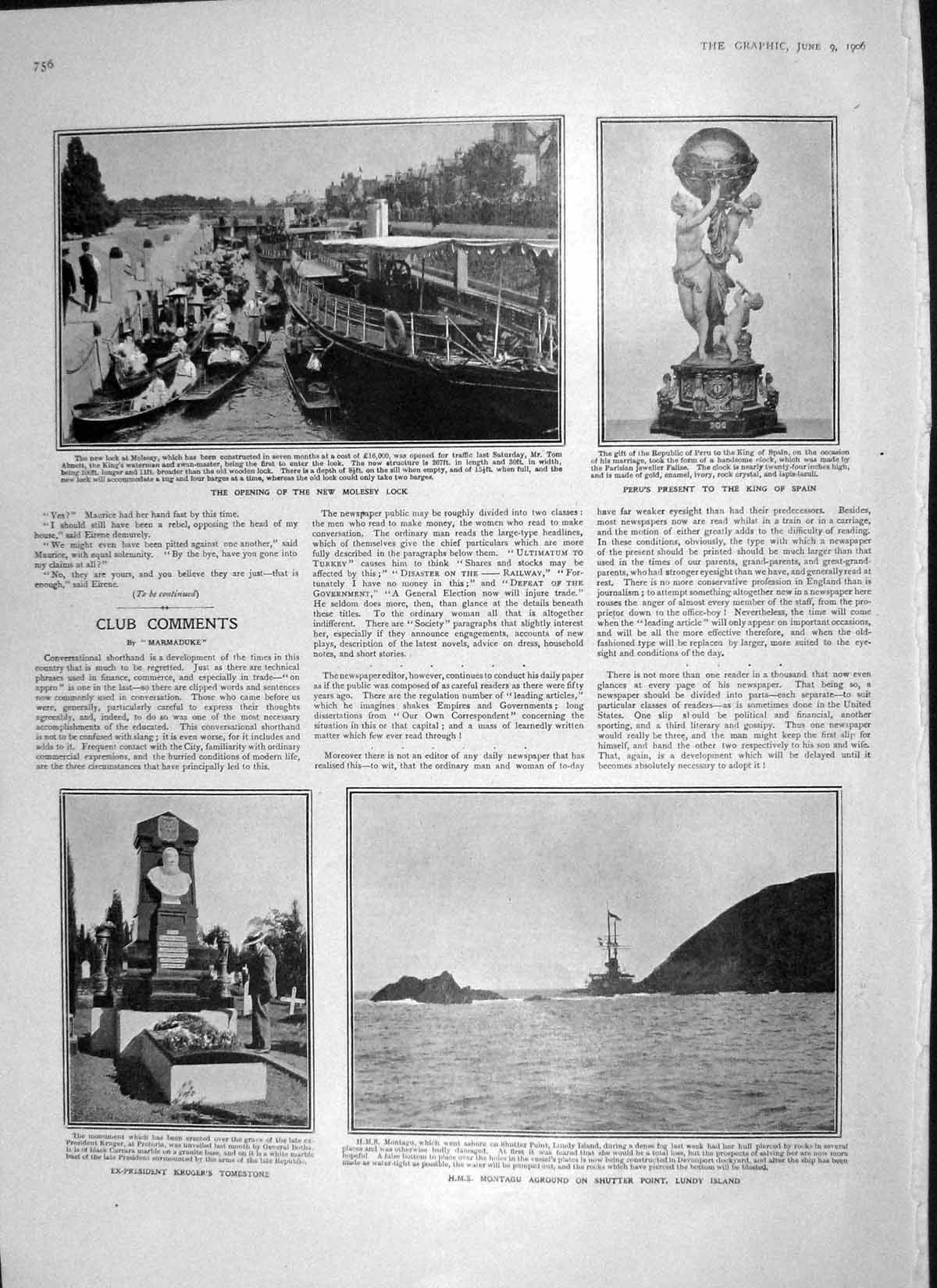 Old Antique Print 1906 Opening Molesey Lock Peru King Spain Montagu Ship 20th