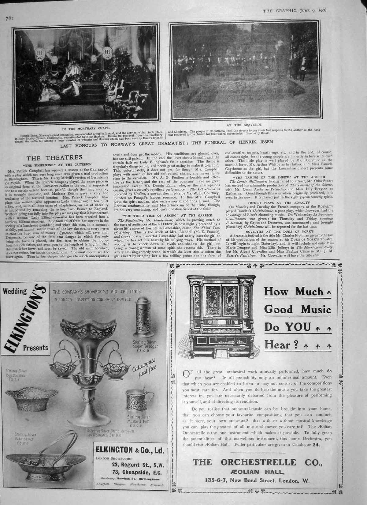 Old Antique Print 1906 Funeral Henrik Ibsen Norway Elkington Orchestrelle 20th