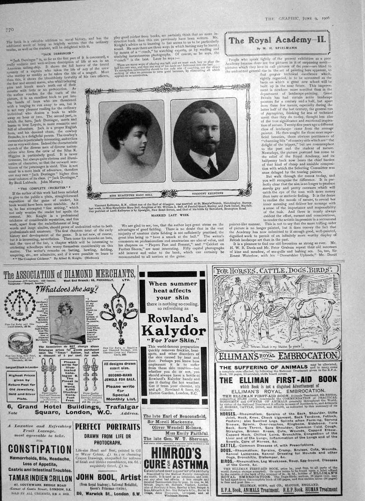 Original Old Antique Print 1906 Hyacinthe Mary Bell Viscount Kelburne Elliman