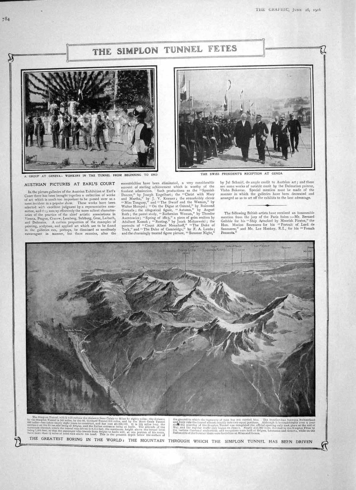 Old Antique Print 1906 Simplon Tunnel Mountain Genoa Japan War Bomb Ship 20th