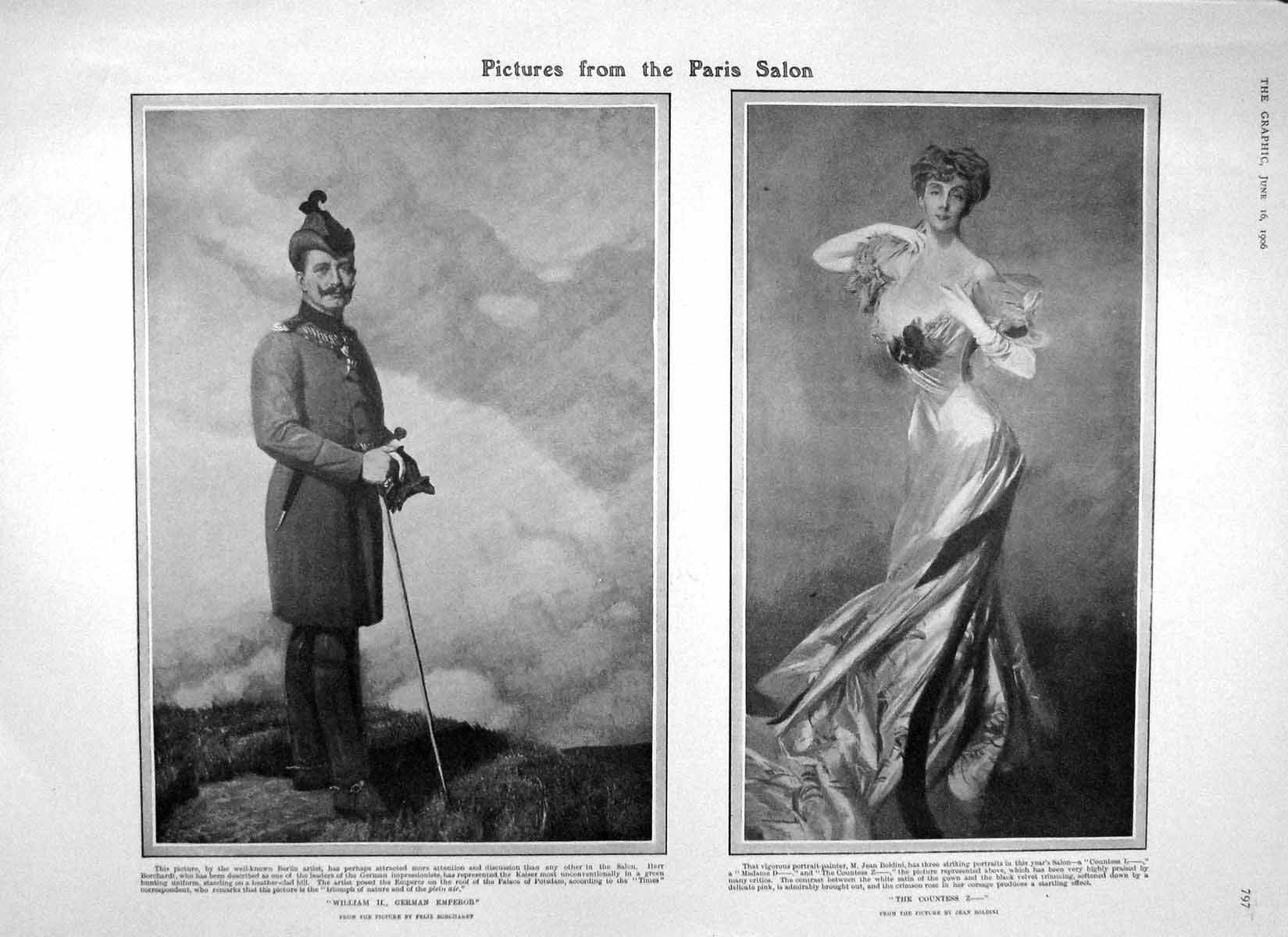Original Old Antique Print 1906 William German Emperor Countess Terry Lane 20th