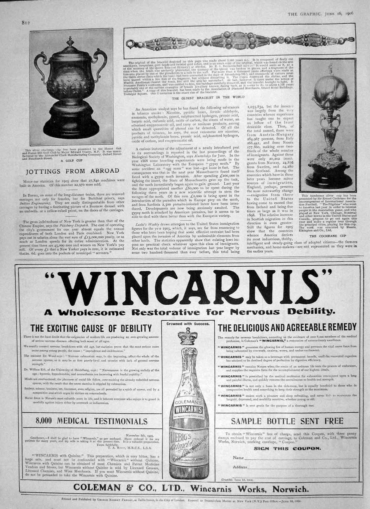 Original Old Antique Print 1906 Cochrane Cup Oak Forest Golf Club Wincarnis