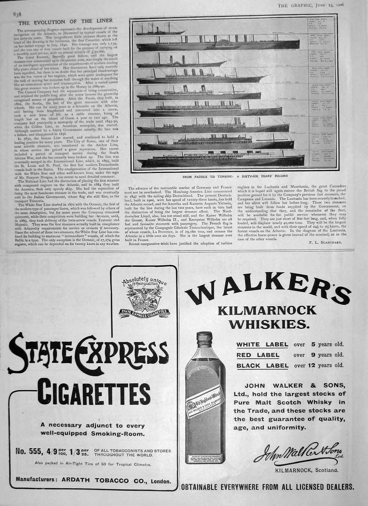 Original Old Antique Print 1906 Evolution Liner Ship Whisky Sunlight Soap Lever