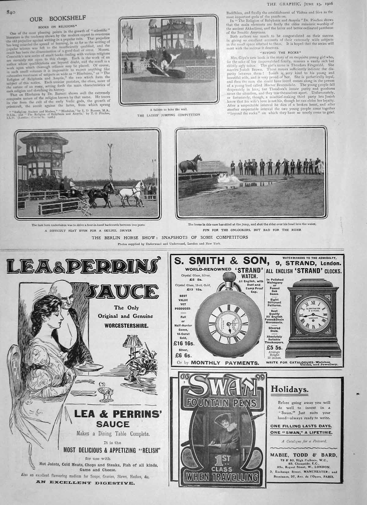 Old Antique Print 1906 Berlin Horse Show Jumping Lea Perrins Sauce Swan 20th