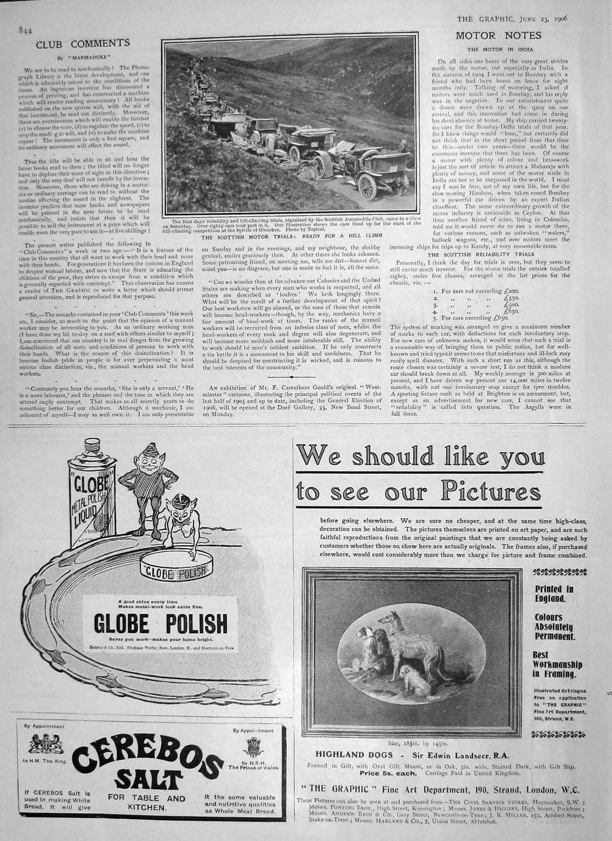Old Antique Print 1906 Scotland Motor Trials Hill Climbing Glenshee Globe 20th