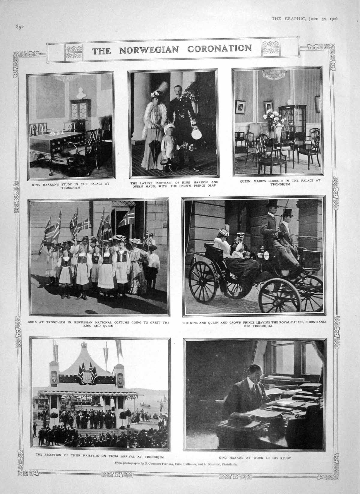 Original Old Antique Print 1906 Norway Coronation King Haakon Trondhjem Palace