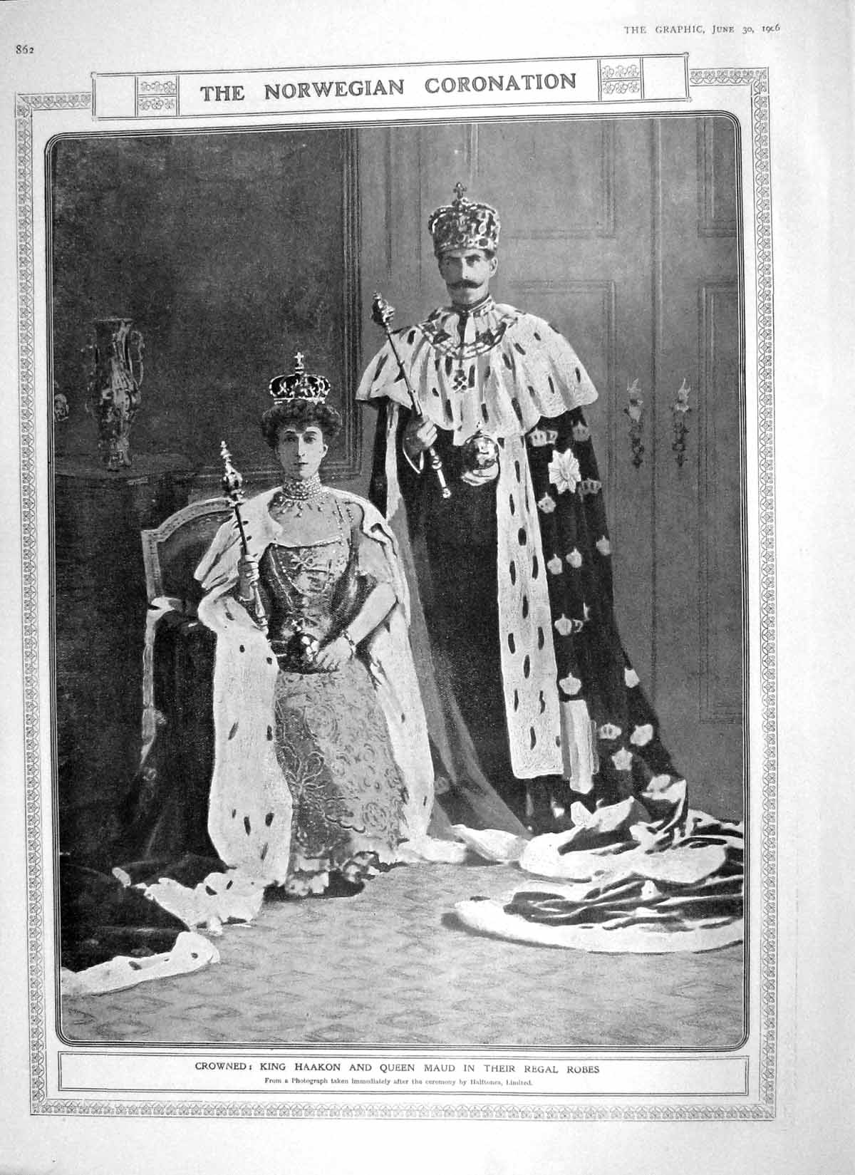 Old Antique Print 1906 King Haakon Queen Maud Regal Robes Barnett Welldon 20th