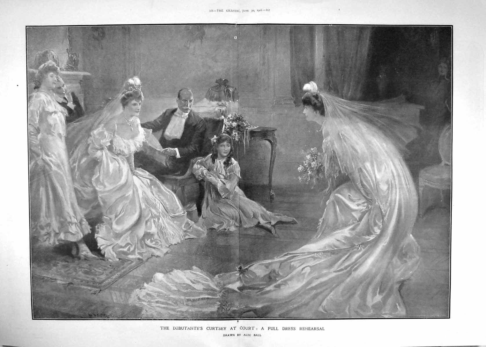 Original Old Antique Print 1906 Full Dress Rehearsal Debutantes Curtsey Court
