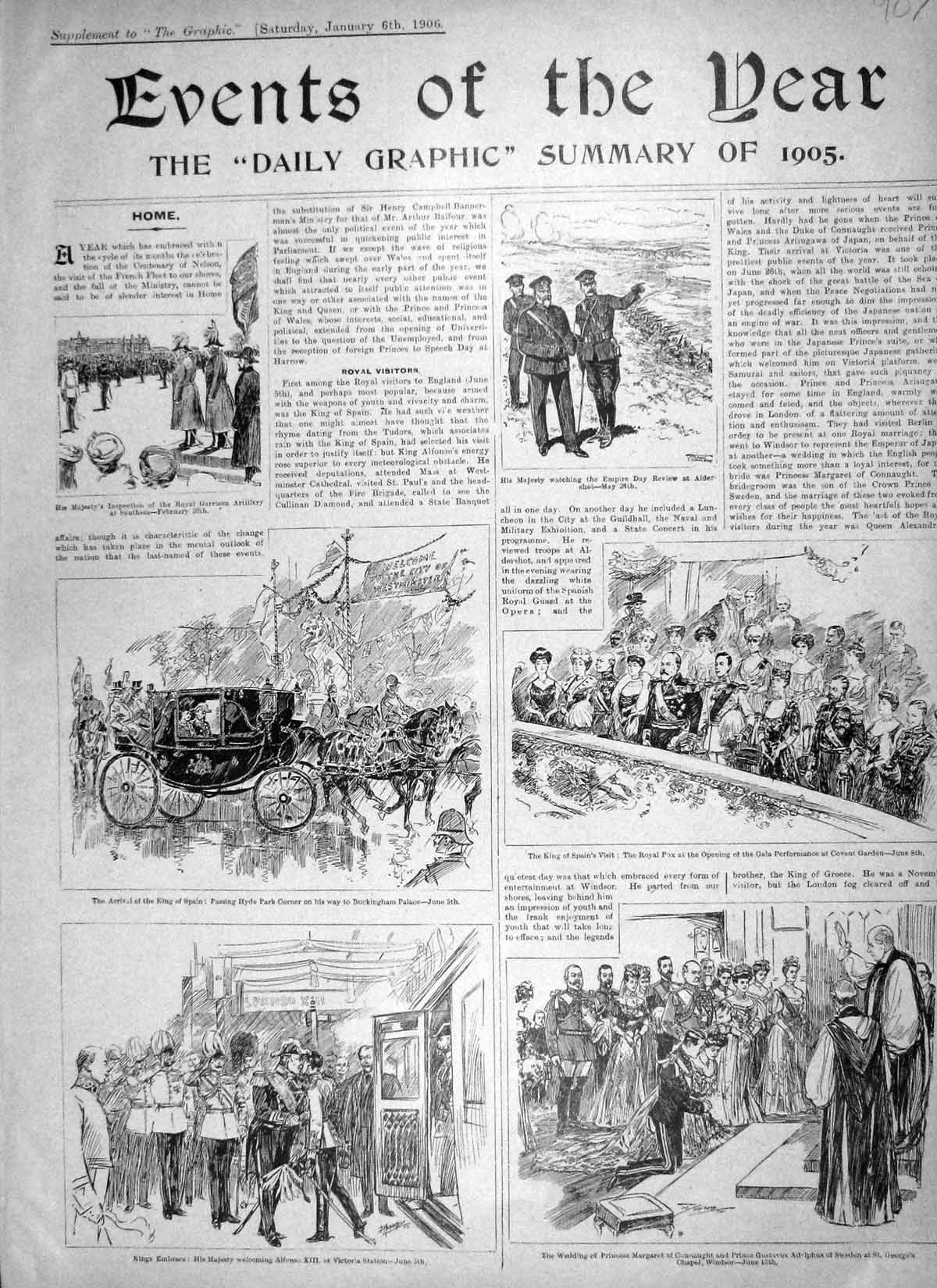 Old Antique Print 1906 Events Wedding King Spain Submarine Savoy Sweden 20th