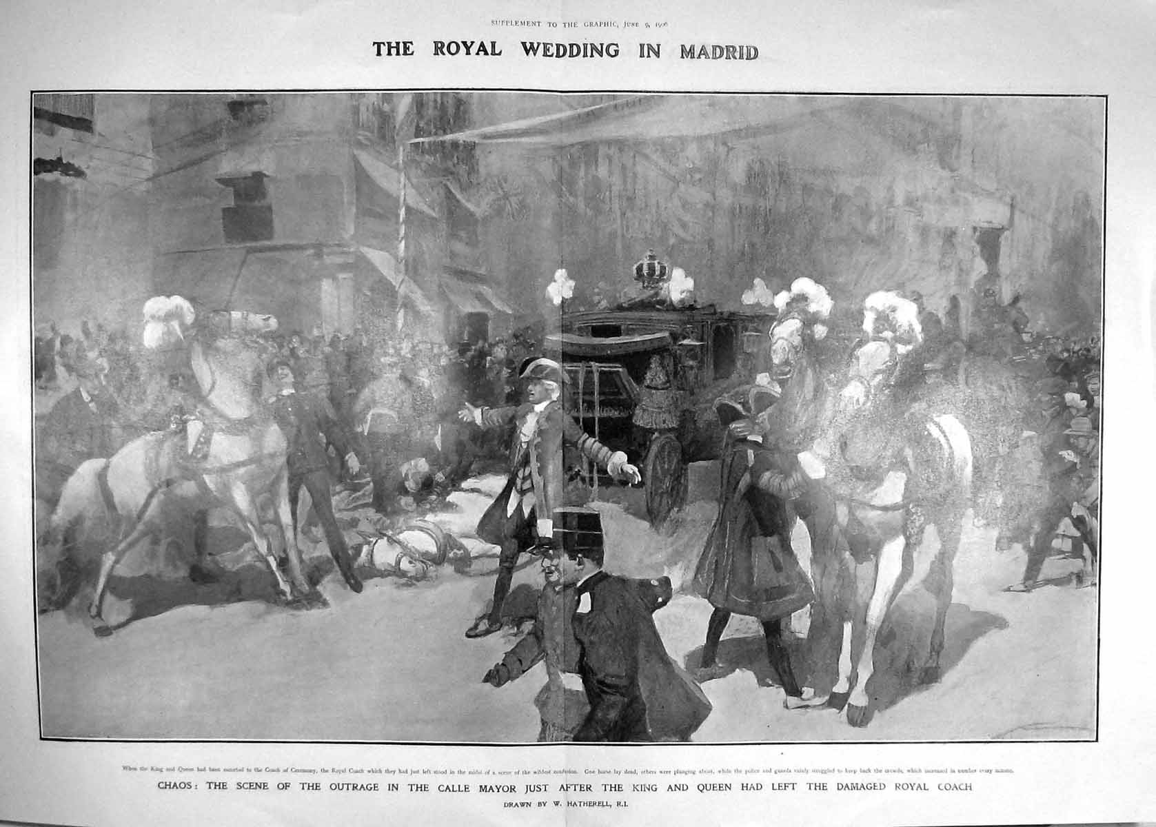 Original Old Antique Print 1906 Calle Mayor Royal Wedding Madrid Dead Horse