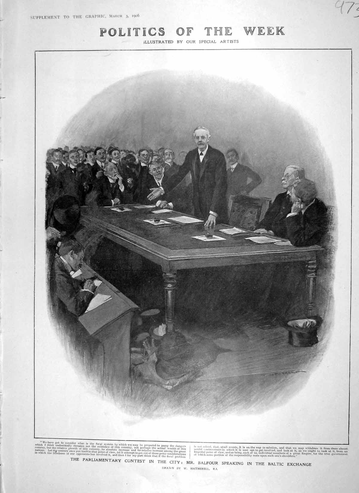 Original Old Antique Print 1906 Parliament Balfour Baltic Churchill Lord Cecil