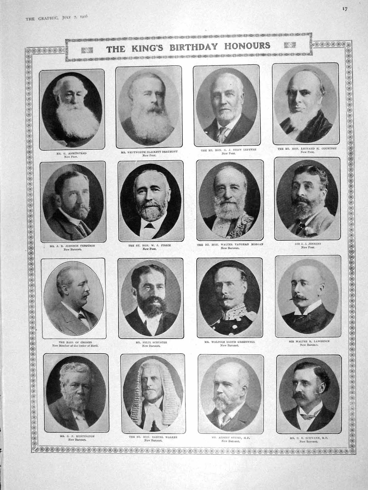 Original Old Antique Print 1906 King Honours Pirrie Morgan Jenkins Walker Ships