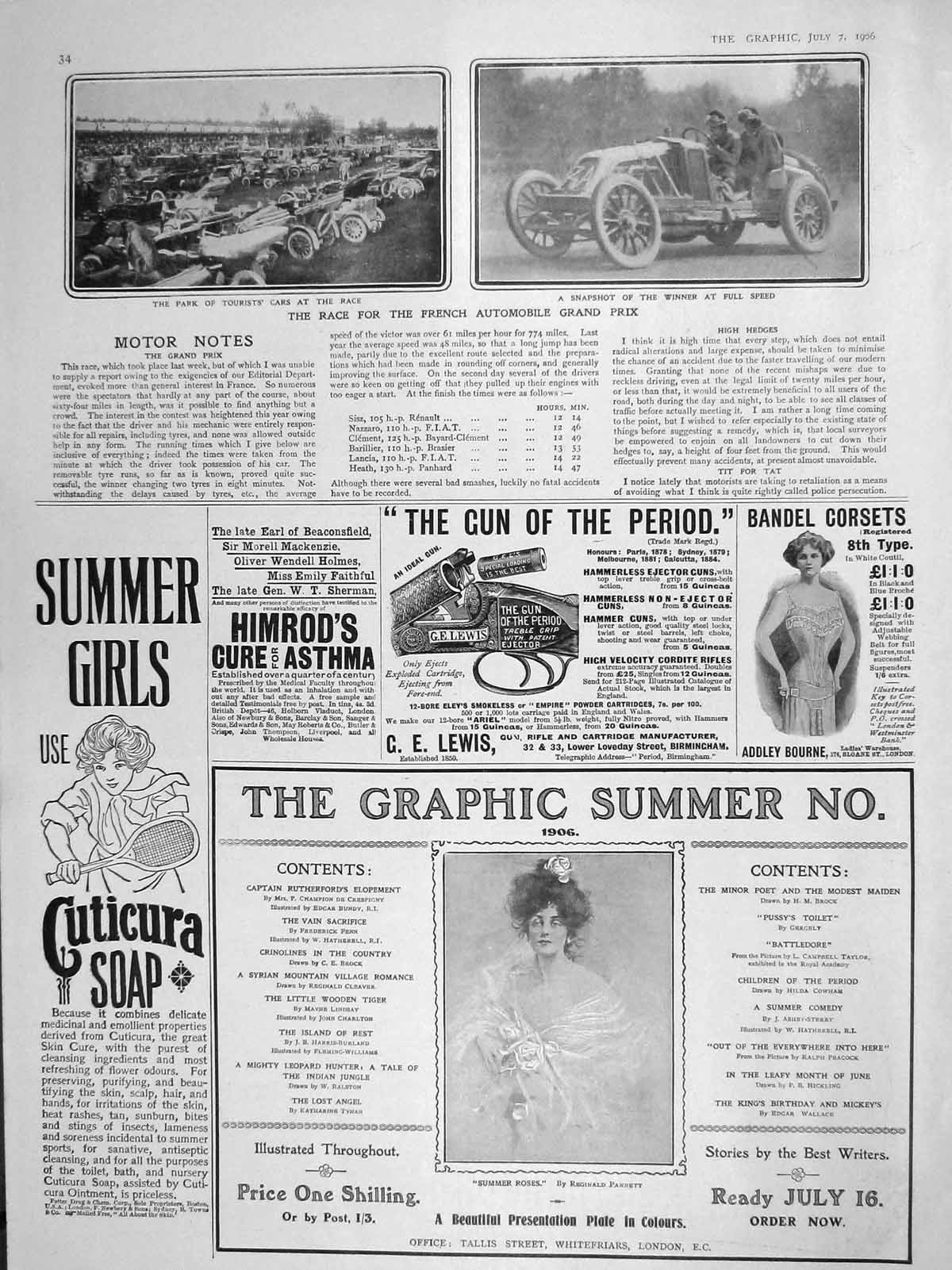 Original Old Antique Print 1906 Tourists Motor Cars French Grand Prix Cuticura