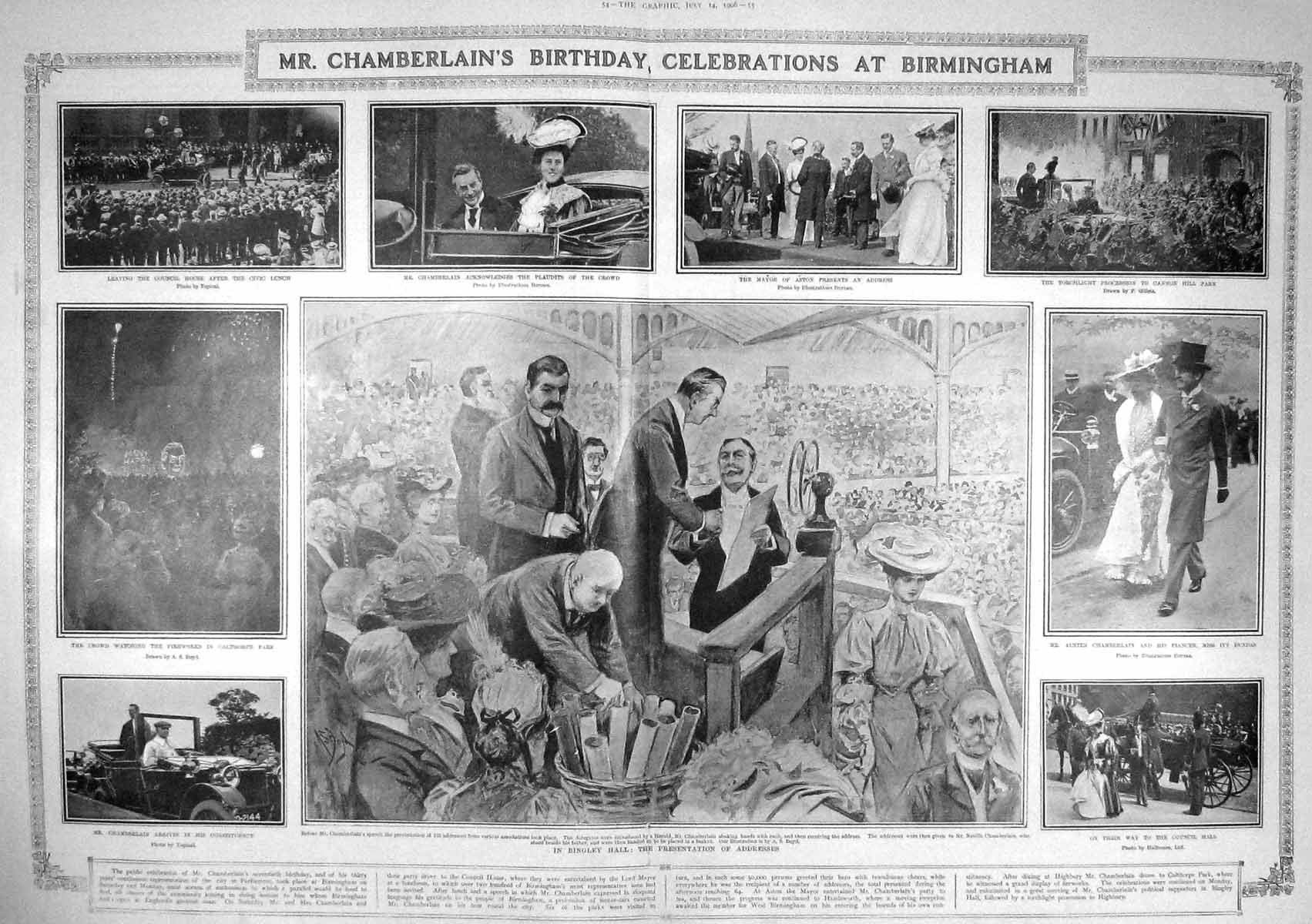 Antique Old Print 1906 Chamberlain Birthday Birmingham Bingley Hall Aston 0 20th