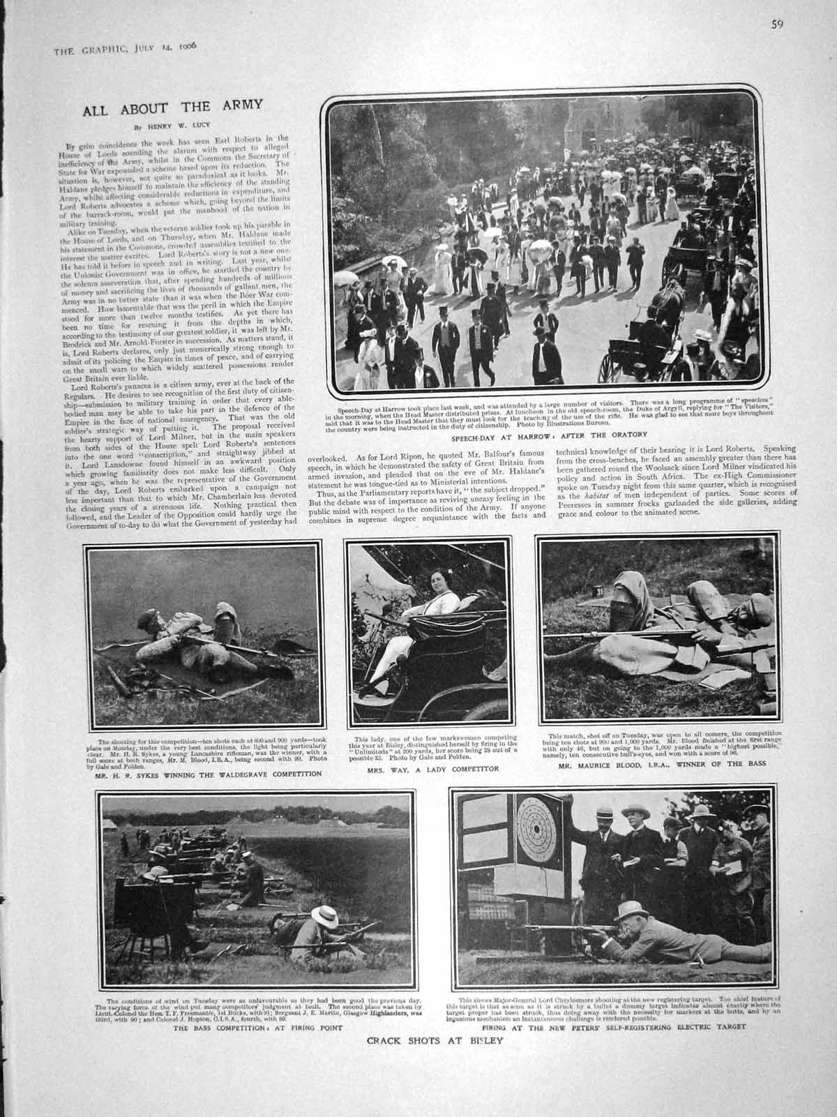 Old Antique Print 1906 Harrow Bisley Shooting Sykes Hamburg Church Fire 20th