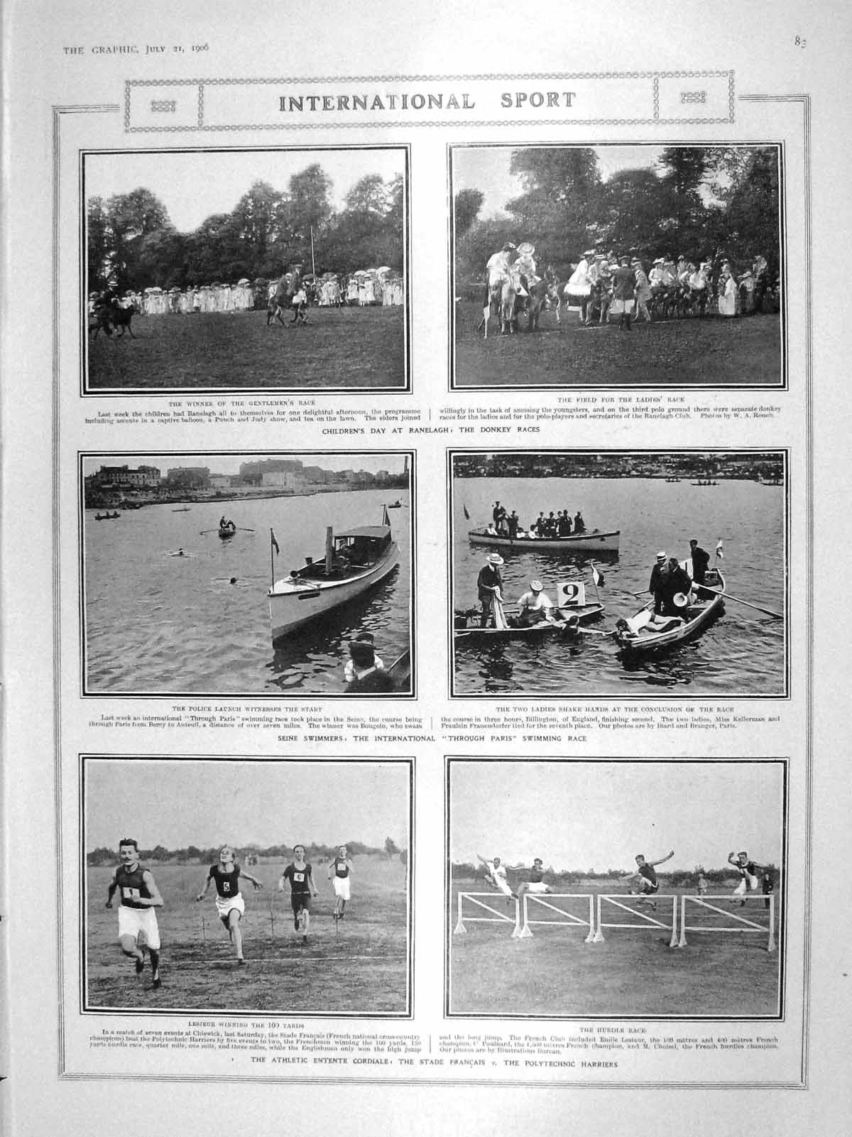 Old Antique Print 1906 Sport Athletic Ranelagh Donkey Swimming Race Seine 20th