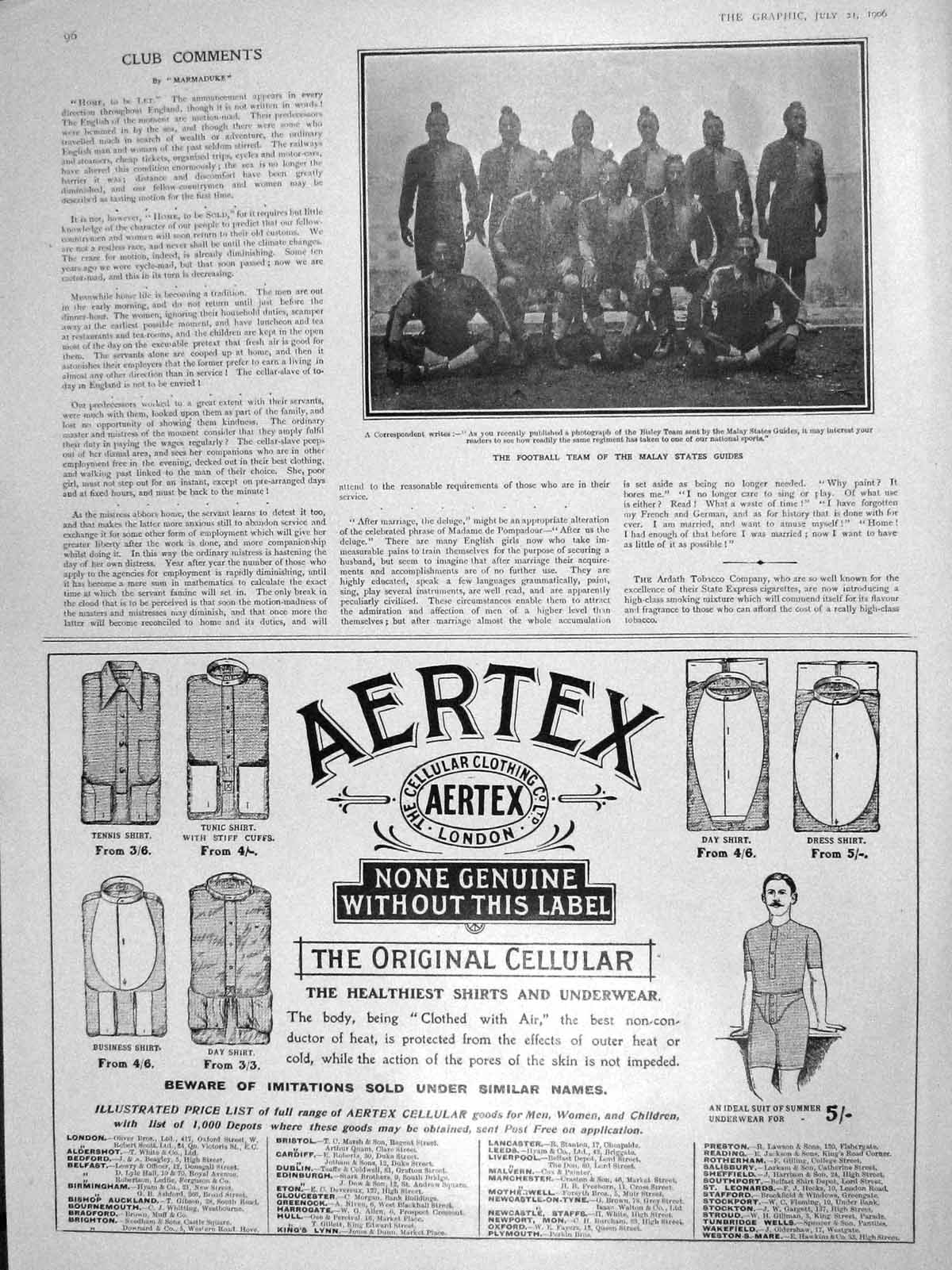 Old Antique Print 1906 Football Team Sport Malay Guides Aertex Clothing 20th