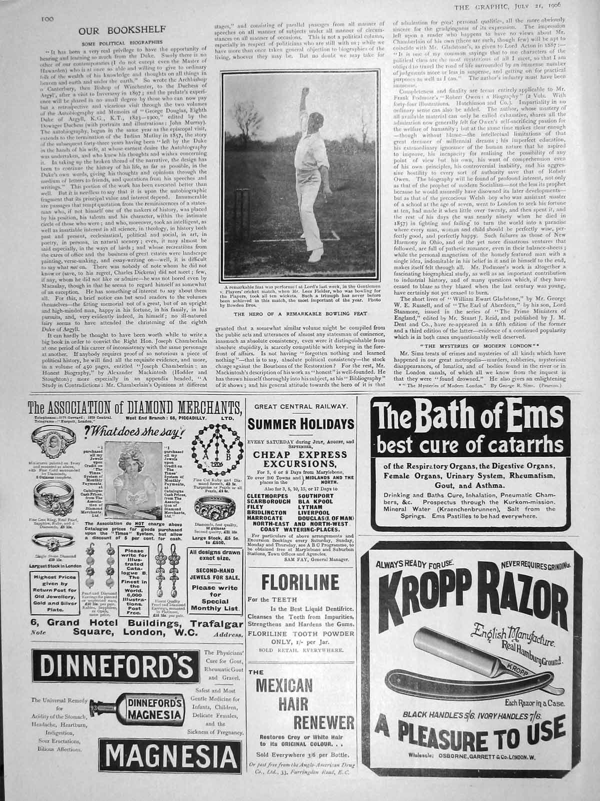 Original Old Antique Print 1906 Lords Cricket Lees Fielder Bowling Kropp Razor