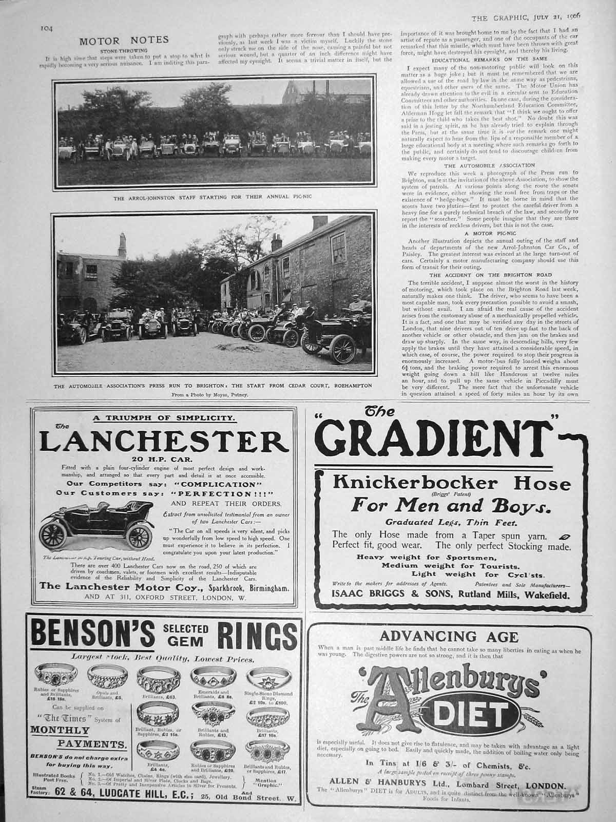 Original Old Antique Print 1906 Arrol-Johnston Picnic Motor Car Brighton Cedar