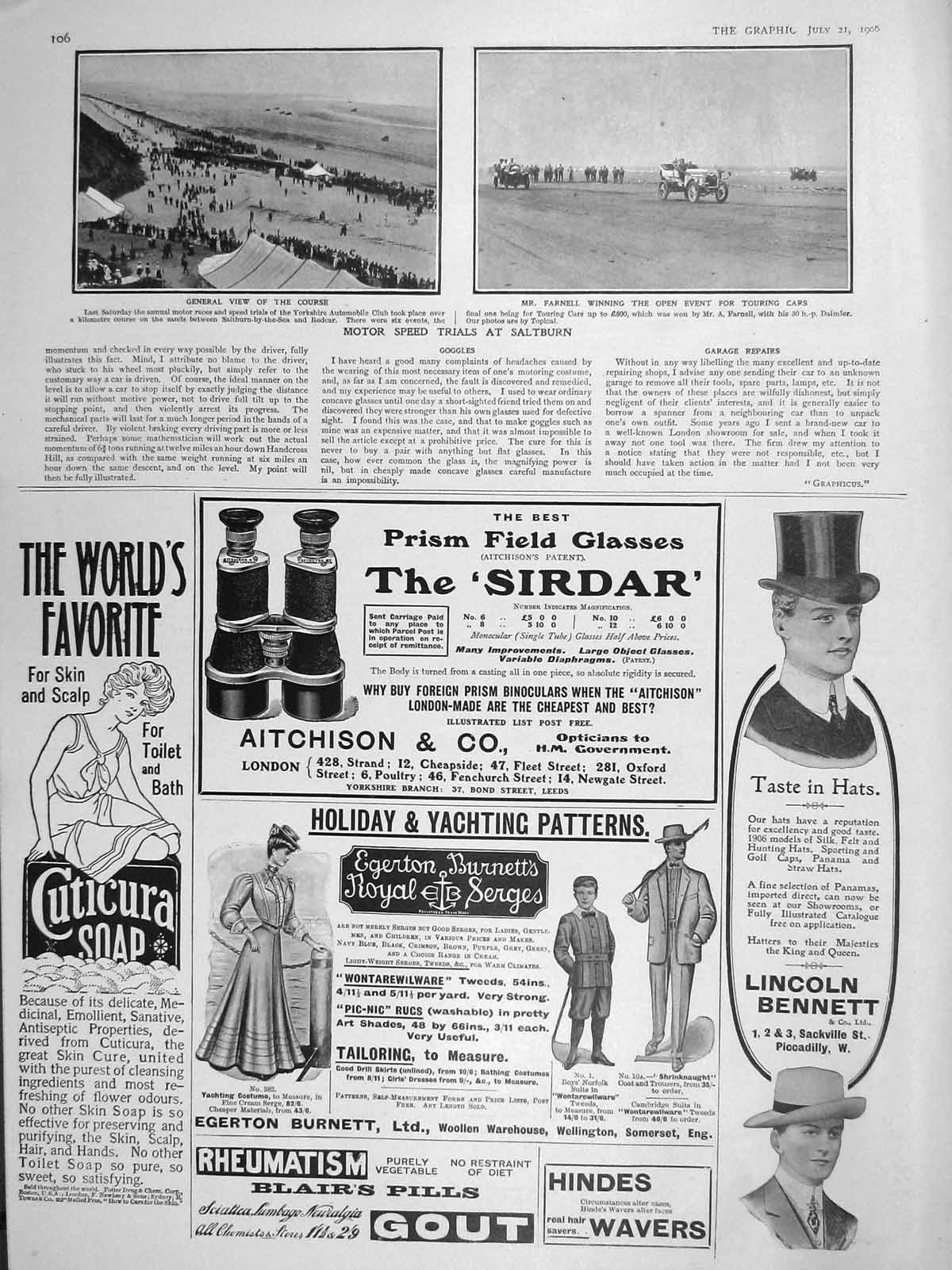 Original Old Antique Print 1906 Motor Car Speed Trials Saltburn Farnell Glasses