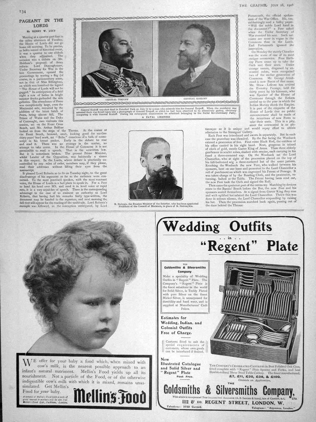 Original Old Antique Print 1906 General Trepoff Kozloff Stolypin Mellins Food