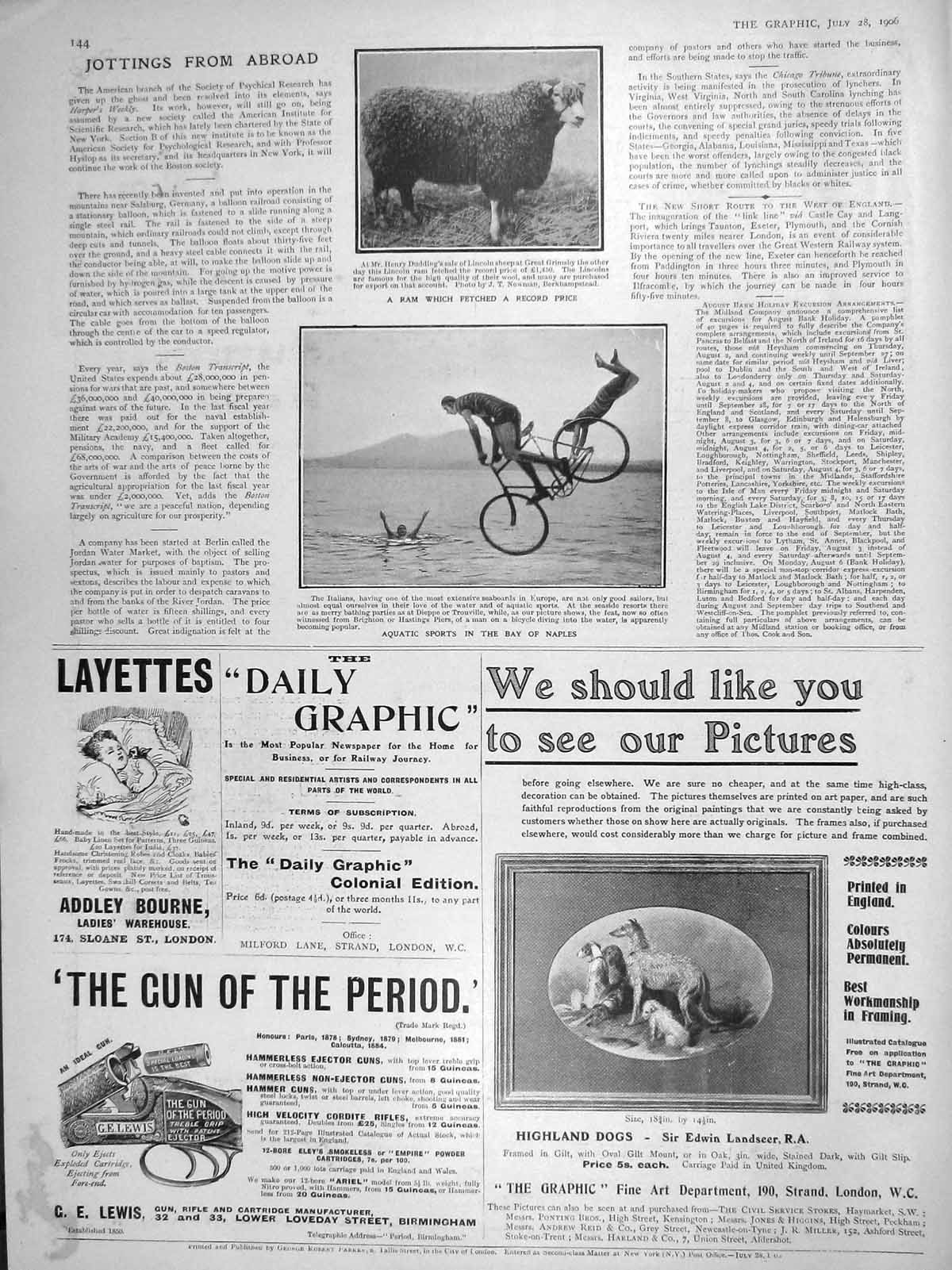 Old Antique Print 1906 Henry Drudding Lincoln Sheep Naples Bicycle Diving 20th